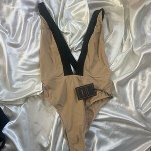 Michael Costello Black and Tan One Piece Swimsuit